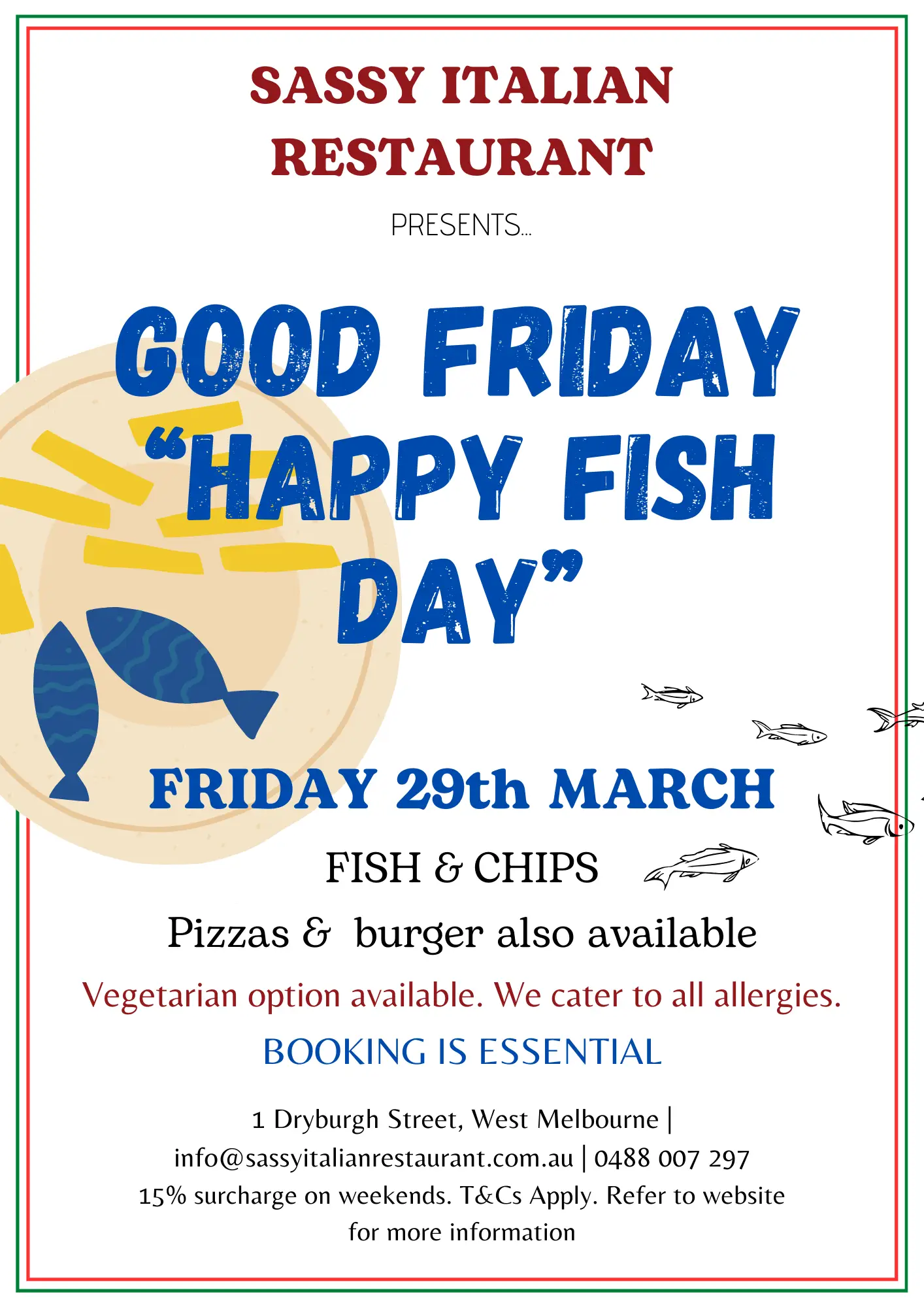 Sassy Italian Restaurant - Good Friday Happy Fish Day - Menu - Advertising Poster